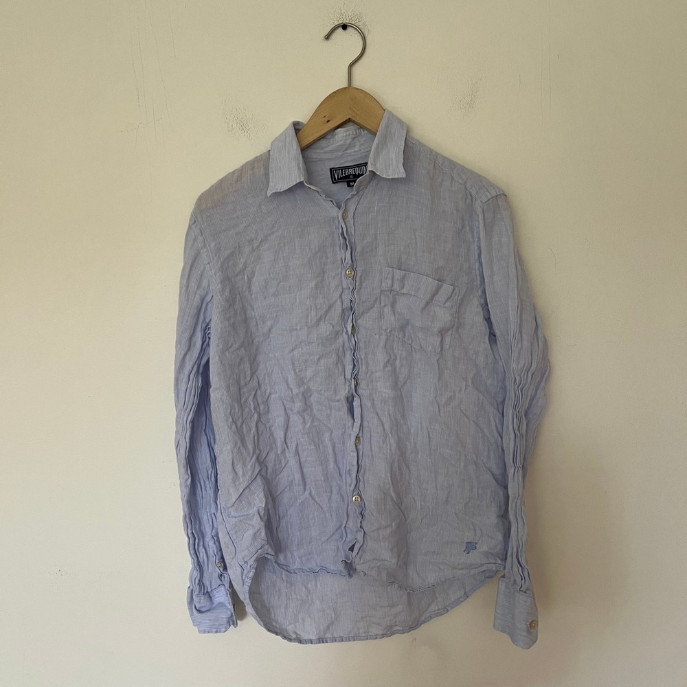 Vilebrequin Mens Light Blue Striped Linen Button Down Shirt Size M Turtle Logo